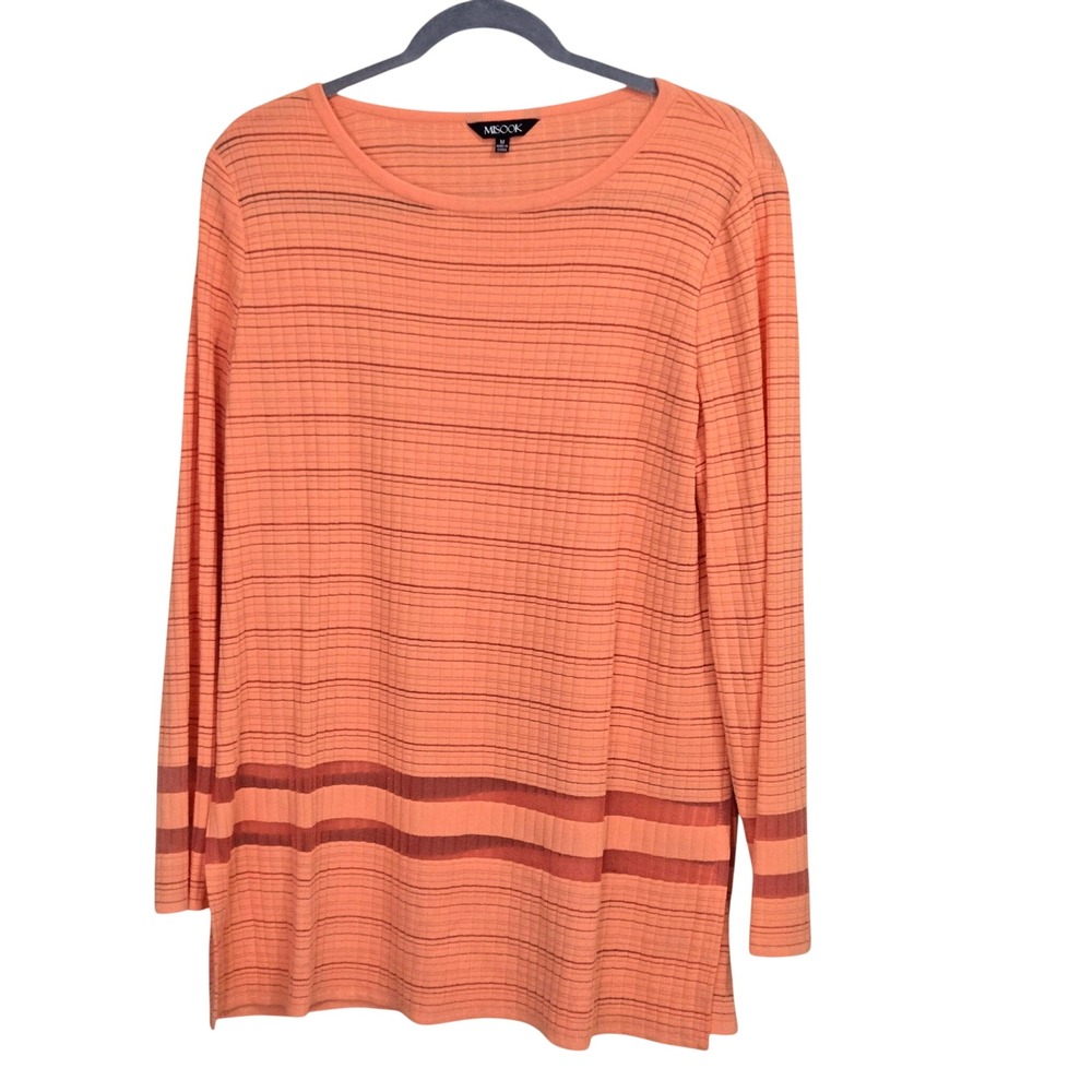 Misook Knit Tunic Top Womens Size M Coral Orange Striped Sheer Mesh Ribbed